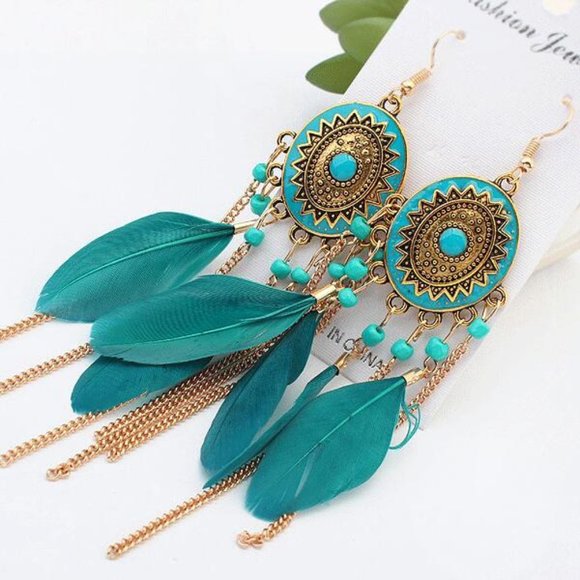 Jewelry - Bohemian Turquoise and Gold Feather Earrings